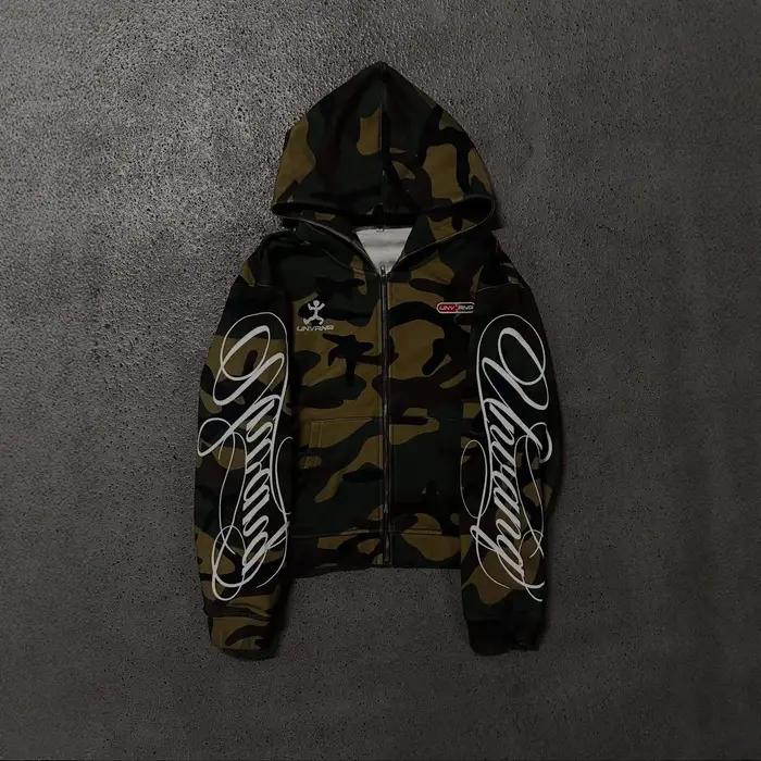 Sweat-shirt à capuche avec fermeture éclair pour hommes et femmes, mode streetwear, broderie camoufl