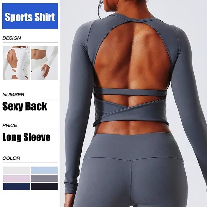 Chemise de yoga Cloud Hide SEXY dos nu gris pour femmes, manches longues, chemisier de Pilates, haut