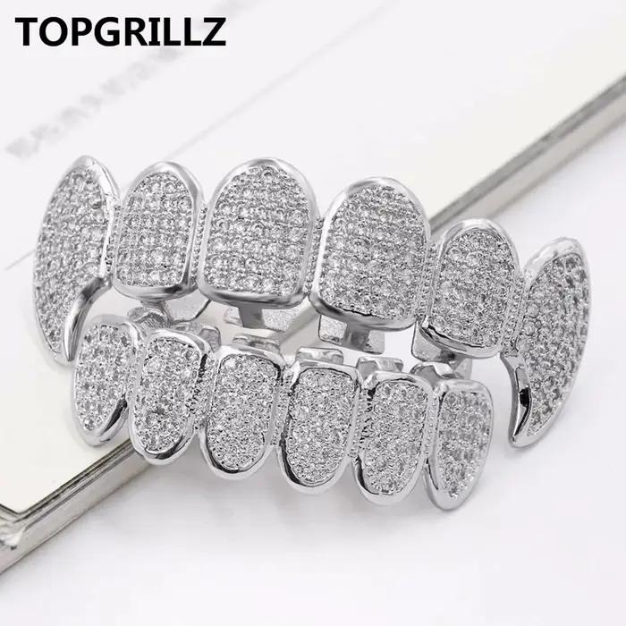 TOPGRILLZ – ensemble de grilles en Rhodium, plaqué argent, CZ, Micro pavé, haut et bas, dents de Vam