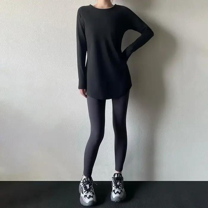 Haut de yoga en velours à manches longues pour femmes, chemise de base optique chaude, coupe couvertes, couvrant les hanches, style adt et long, fitness imbibé, hiver
