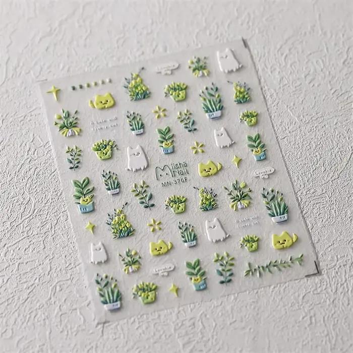 Autocollants pour ongles, 1 pièce, joli chat vert, plante en pot, fleurs, Reliefs 5D, autocollants a