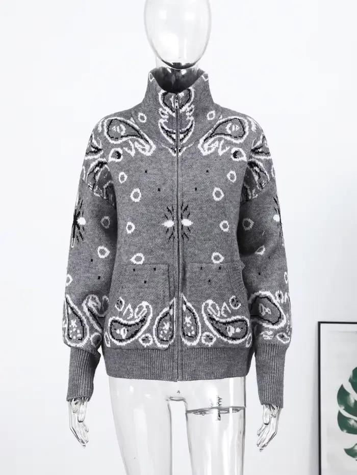 Cardigan Jacquard Printemps à Col Montant pour Femme, Manteau Chic à Manches Longues avec Fermeture