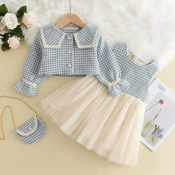 Ensemble 3 pièces à carreaux mille oiseaux pour fille – Manteau à gros revers + jupe gilet + cartabl