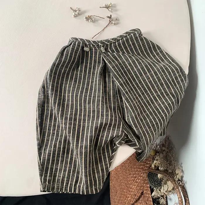Pantalon rétro rayé en coton et lin pour enfants, pantalon large décontracté japonais, garçons et fi