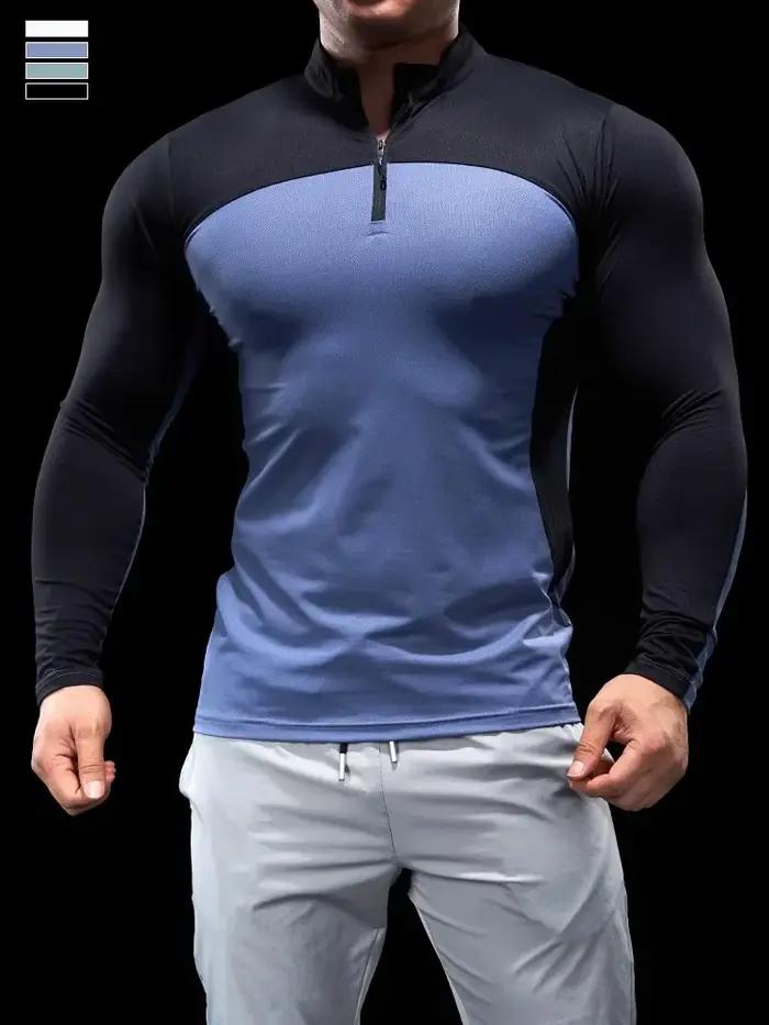 Collants homme automne-hiver fitness avec polo demi-zip séchage rapide pour running et sport automnal hivernal