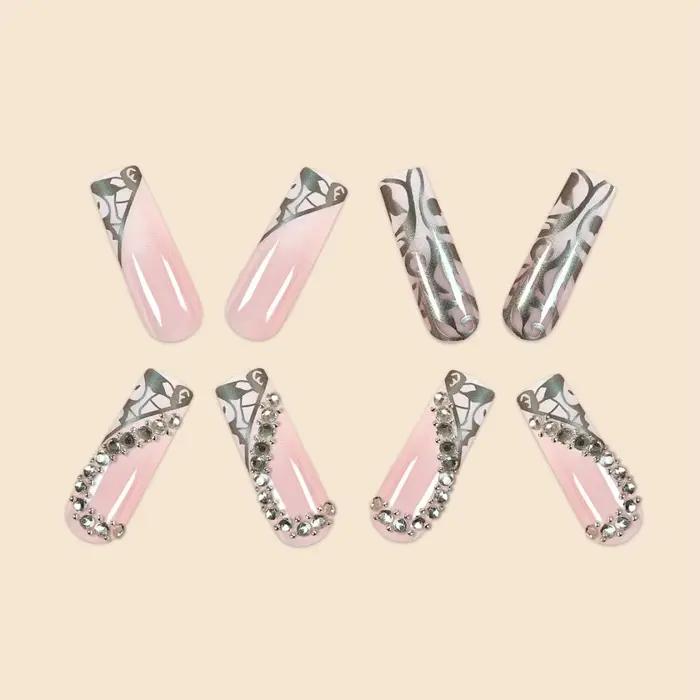 Faux ongles de luxe pour femmes, Super longs, carrés, français, argent, vigne, Patchwork, diamant, c