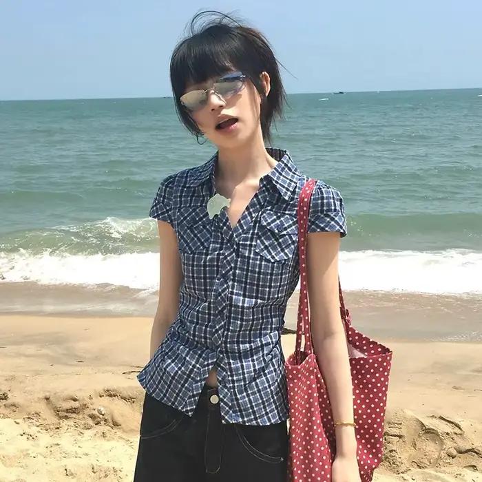 Karrram japonais Y2k chemise à carreaux Vintage Harajuku col en v Blouses mode coréenne femmes chemi