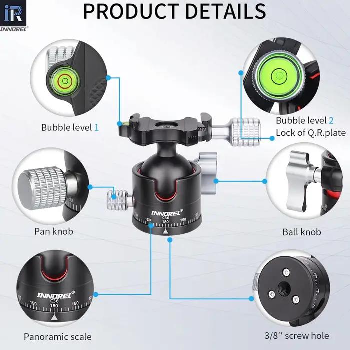 INNOREL C36 Rotule à profil bas 36 mm CNC Métal 360 ° Tête de trépied d'appareil photo panoramique