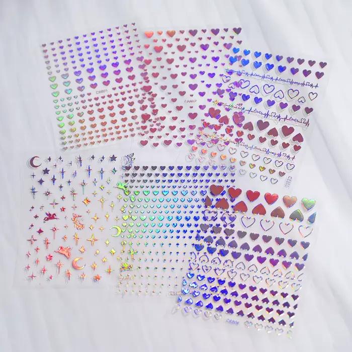 4/6 feuilles/Kit holographique arc-en-ciel amour coeur autocollant pour ongles 3D Laser coeur autoco
