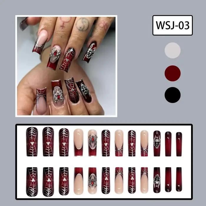24 pièces français noir presse sur ongles Style Punk 3D araignée crâne conception faux ongles noir r