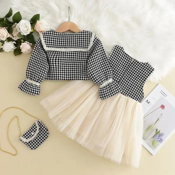 Ensemble 3 pièces à carreaux mille oiseaux pour fille – Manteau à gros revers + jupe gilet + cartabl