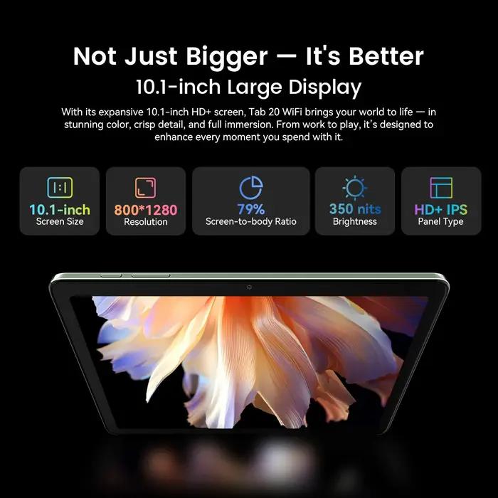 Tablette Blackview Tab 20 WIFI 10,1'' HD+ IPS Display Widevine L1 4 Go 64 Go Unisoc T310 Android 15
