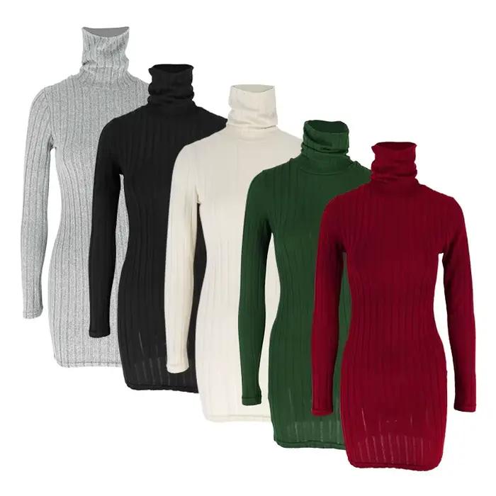 Nouvelles Robes Automne Hiver Femme Manches Longues Col Roulé Unies Sexy Moulantes Fourreau Mini Rob