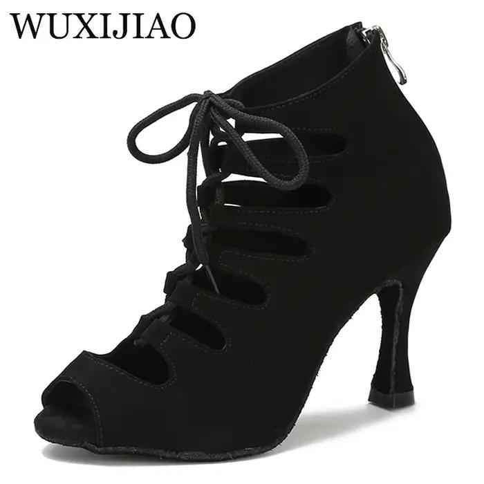 Chaussures de danse latine noires femmes Tango Salsa Rumba salle de bal bottes de danse en Satin fem