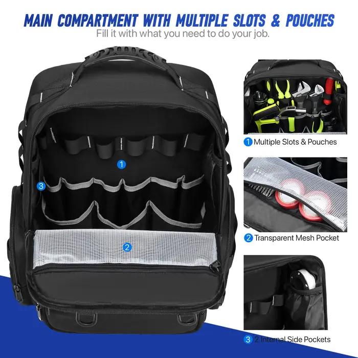 Sac à dos à outils robuste pour hommes, rangement d'outils avec 3 pochettes à outils, organisateur d