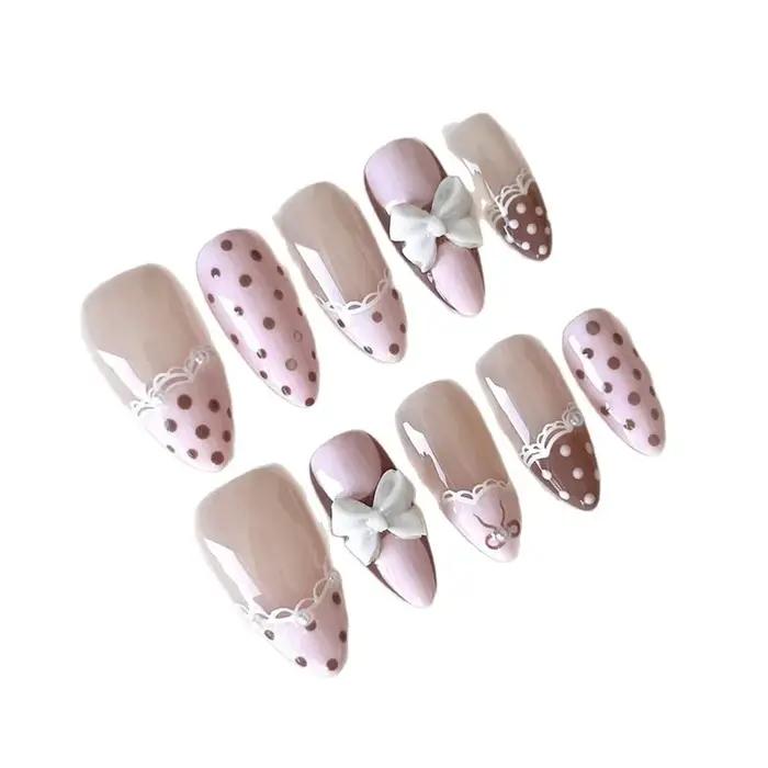 24 faux ongles en gel press-on rose bonbon, pois marrons, nœud papillon blanc 3D, faux ongles pour f