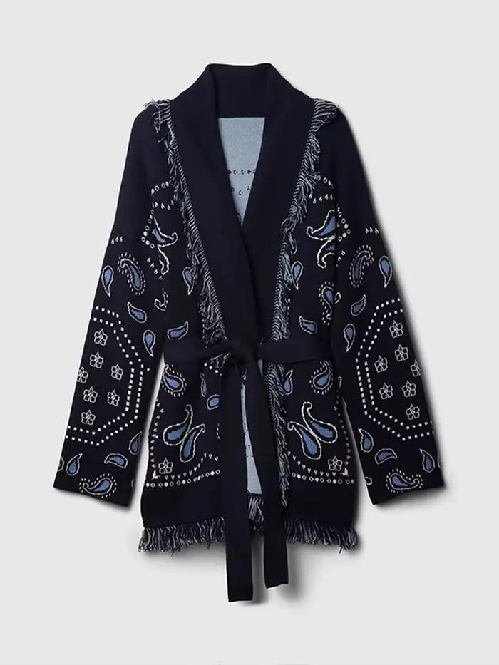 Cardigan imprimé Vintage avec pompons pour femme, col en v, manches longues, pull épissé, assorti av