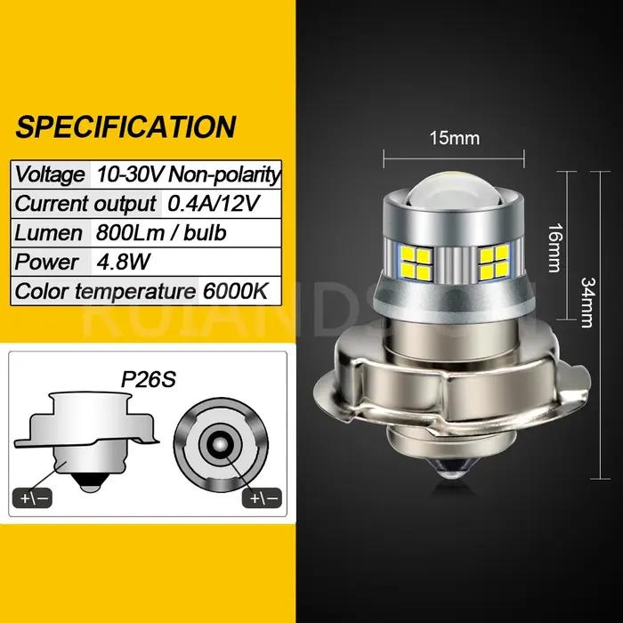 RUIANDSION P26S LED lumières pour phare de moto Scooter électrique ATV 12V 24V DC ampoules 800LM xén