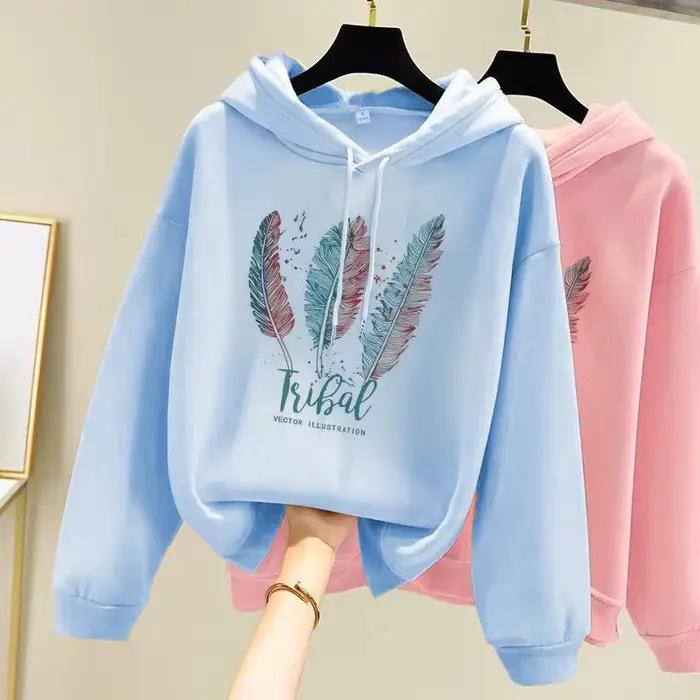 Sweat à capuche imprimé plumes pour femmes, mode automne hiver, Plus velours, décontracté, ample