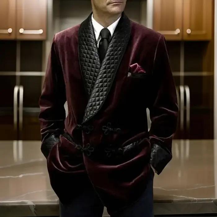 Veste longue en velours avec boutons mandarins pour homme, blazer d'affaires décontracté, revers châ