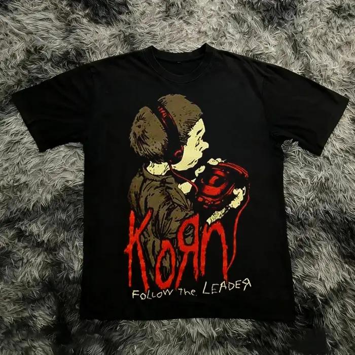 Korn Follow The Leader T-shirt en coton imprimé double face Metal Band Tee pour hommes et femmes, t-
