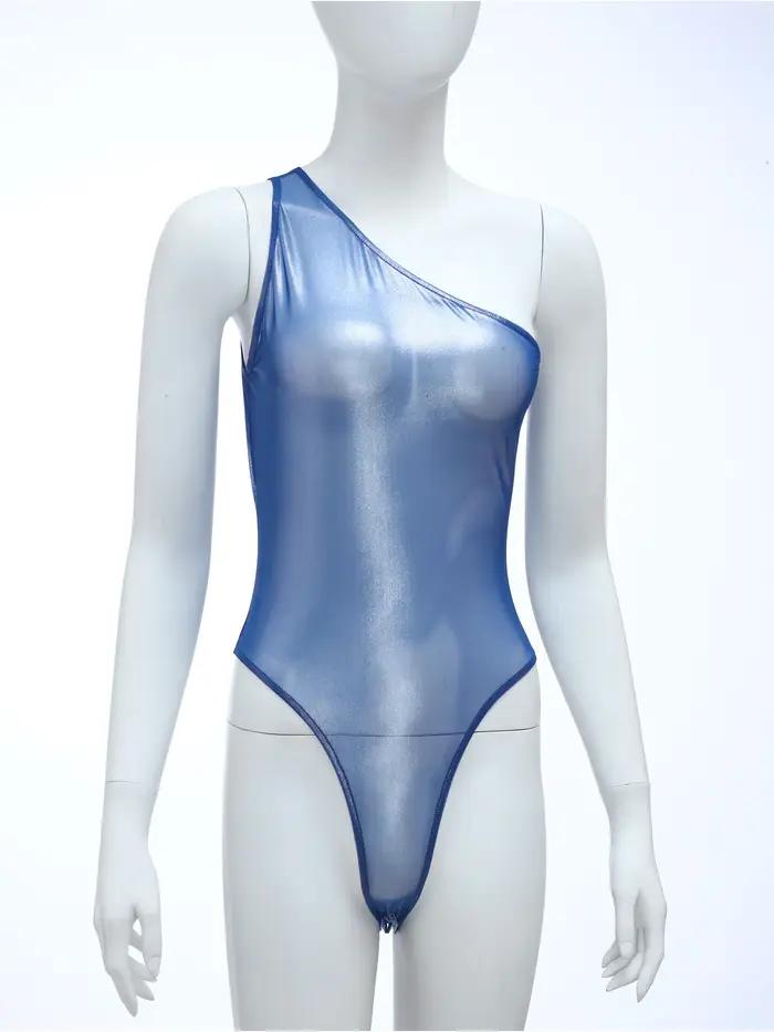 Maillot de bain une pièce en maille transparente pour femmes, asymétrique épaule dénudée, sans manch