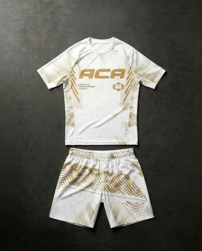 Ensemble de compression pour homme 2026 : Rashguard et short de combat, motif lignes or et blanc, in
