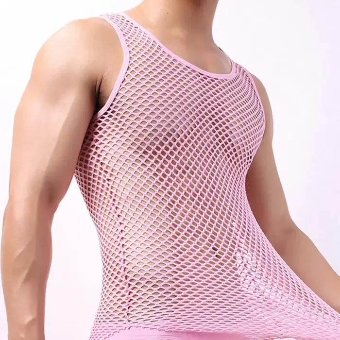Débardeur pour homme en maille de nylon transparent avec manches longues sous-vêtement sexy pour hommes élégance moderne libertés nocturnes sorties occasions spéciales