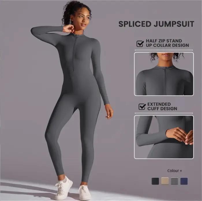 Combinaison yoga longue intégrée demi-zip - Vêtement sport femme couleur unie manches longues sexy