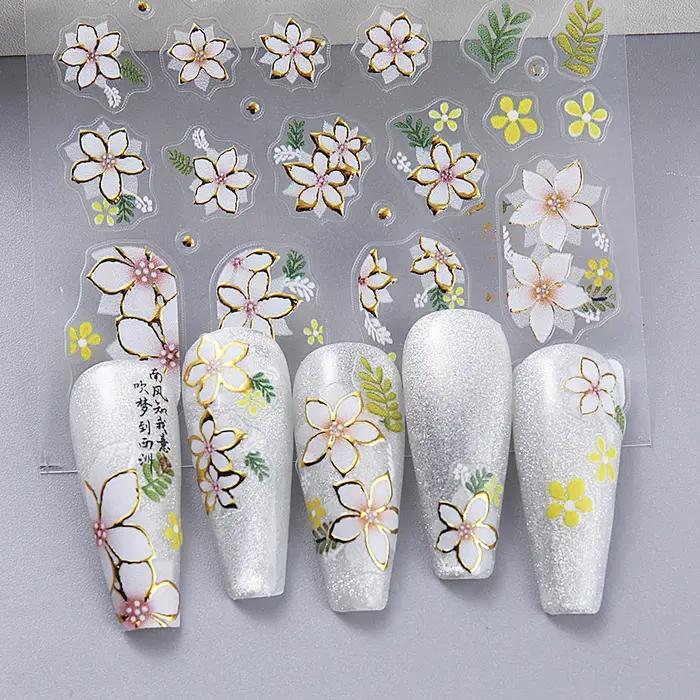 Autocollants 3D pour ongles, motif fleurs de cerisier, fleurs de pêcher, marguerites, feuilles dorée