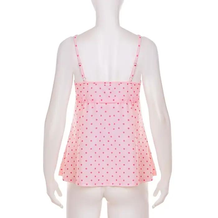 SUCHCUTE Chic doux mignon à pois imprimé nœud à lacets Camisole femmes col en V sans manches haut co