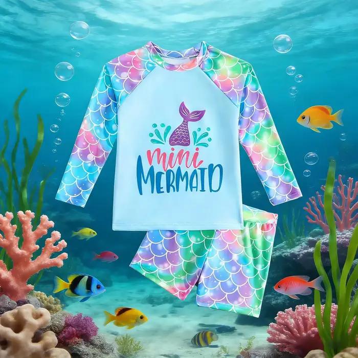 Maillot de bain 2 pièces pour filles, ensemble échelle de sirène, manches longues, Mini imprimé sirè