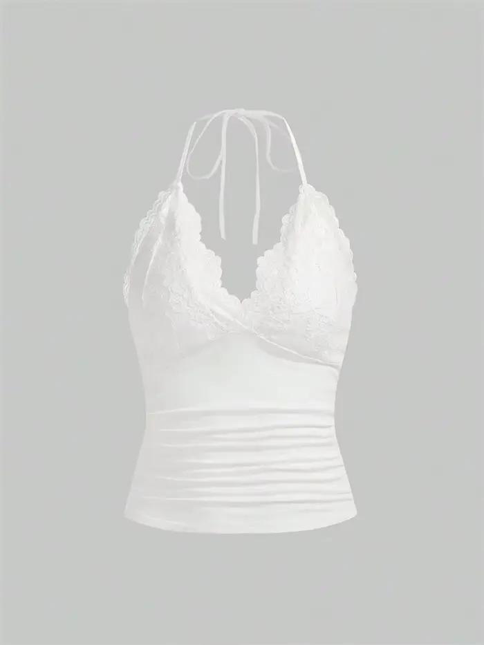 Goth Grunge Punk noir dentelle Patchwork haut à licou femmes été solide froncé dos nu sans manches d