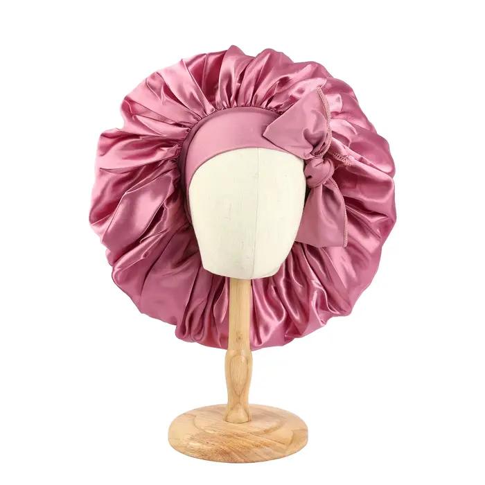 Grand Bonnet en Satin pour femmes, Bonnet de nuit soyeux avec bandeau à nouer extensible, bonnet de