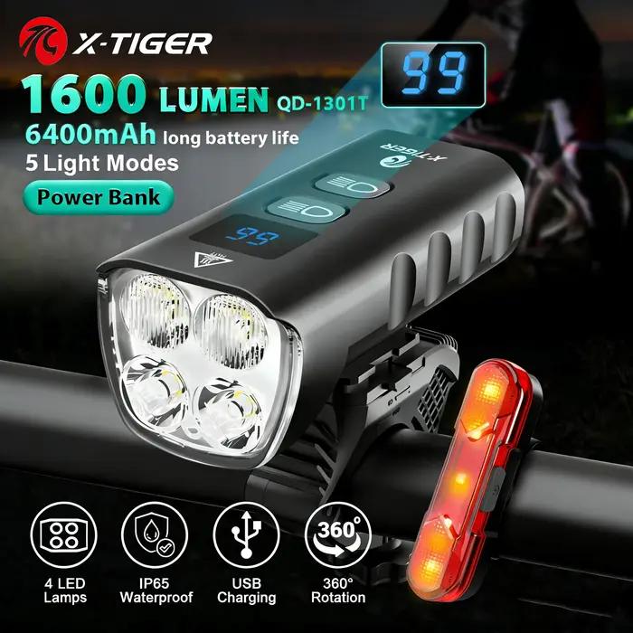 X-TIGER – lampe frontale de vélo, 6400mA, Rechargeable, 1600lm, lampe frontale de cyclisme, lampe de
