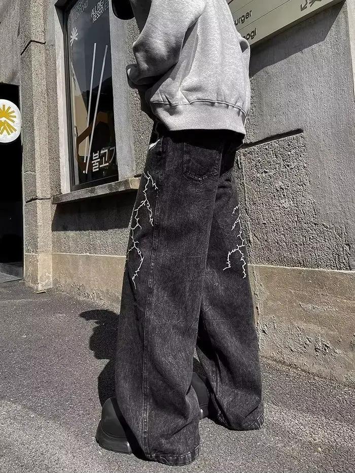 Jean droit ample et polyvalent, Design de rue rétro, Niche brodée d'épines, pantalons décontractés (