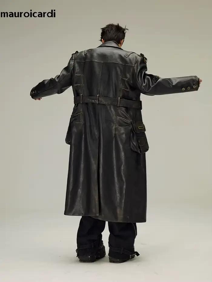 Mauroicardi-Manteau Long en Cuir Pu Noir pour Homme, Ceinture Double Boutonnage, Luxe, Mode Européen