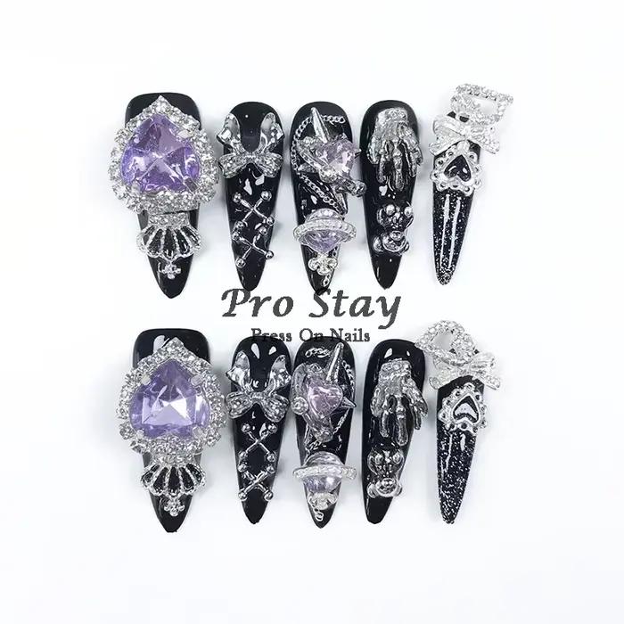 Faux ongles artificiels noirs foncés Y2k, faits à la main, à pression, doux et frais, avec diamant,