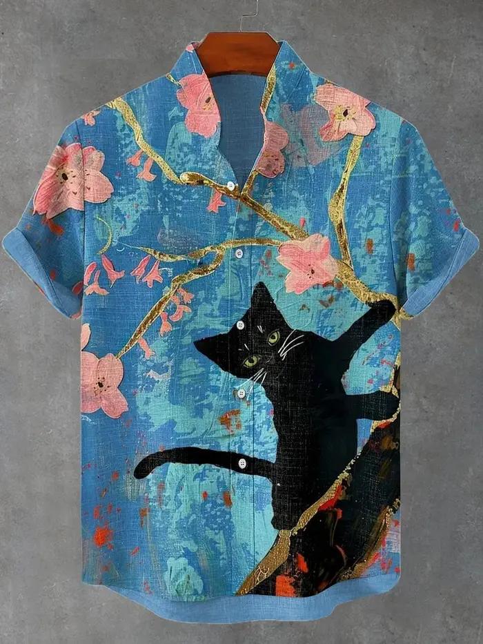 Chemises graphiques de chat pour hommes, chemise à manches courtes boutonnée à revers pour l'été, ha