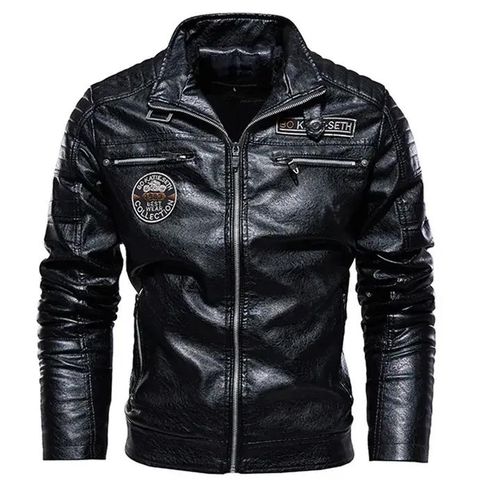 Veste en cuir PU pour homme avec col montant, coupe-vent décontracté, manteau de moto, grande taille
