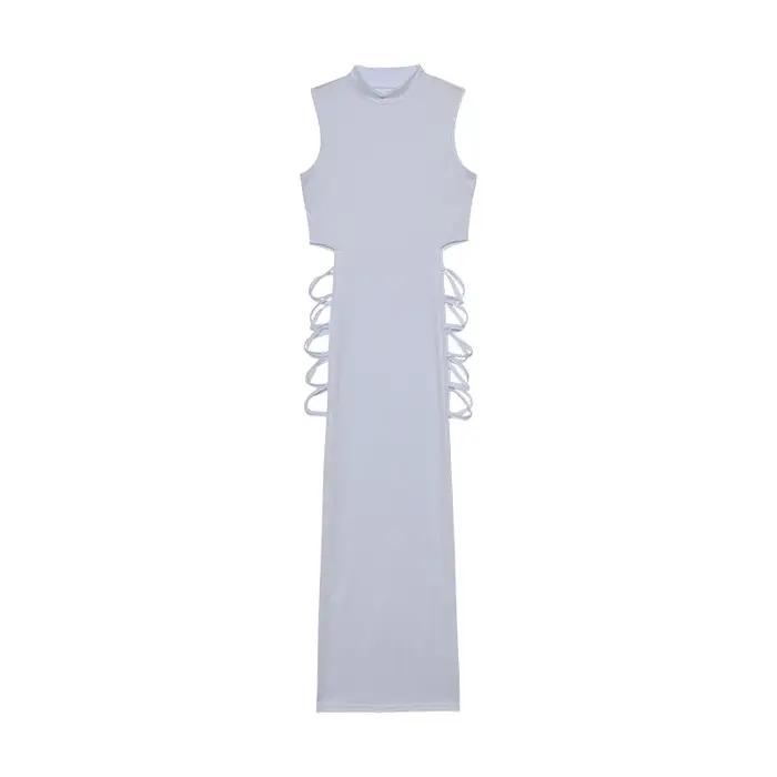 Robe à découpes croisées pour femmes, robe en fibre à col montant avec batterie sexy, vêtements pour