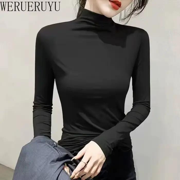 T-shirt noir à col roulé et manches longues pour femme, vêtement Y2k, mode coréenne, Modal, élégant,