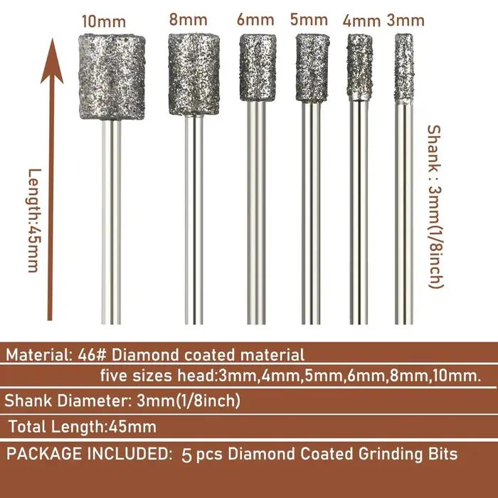Tête de meulage diamantée à intervalles de grain 46, 5 pièces, tige de 3mm, points cylindriques endu