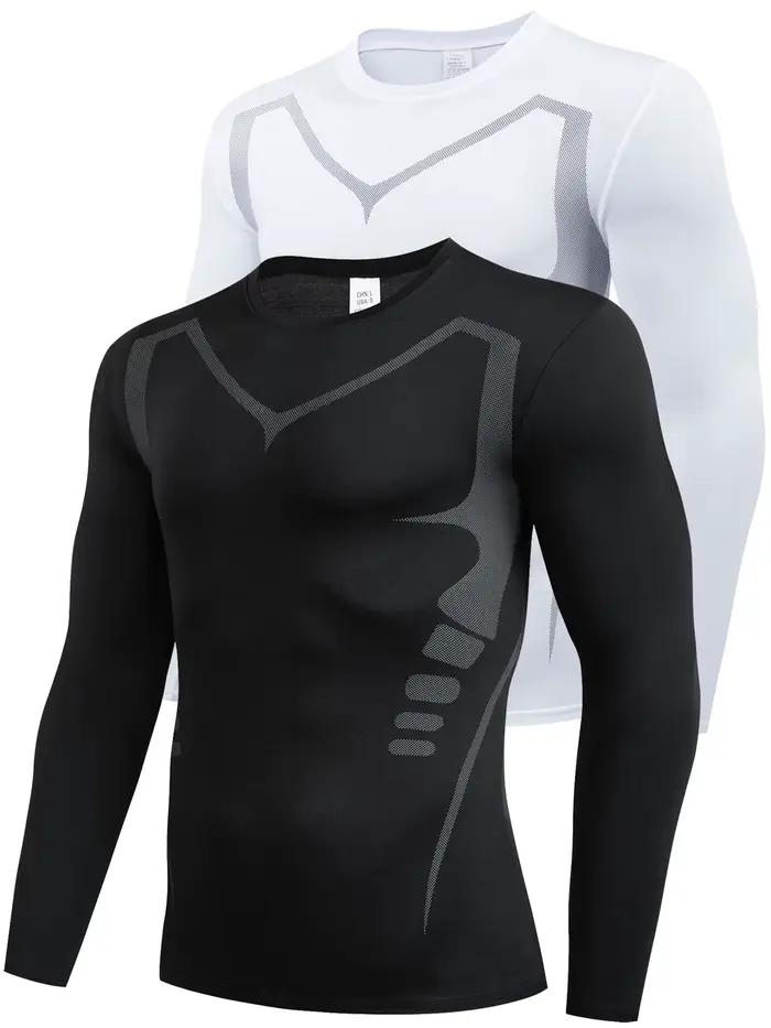 Chemise de sport à manches longues à compression respirante pour hommes – Vêtements de sport à col r