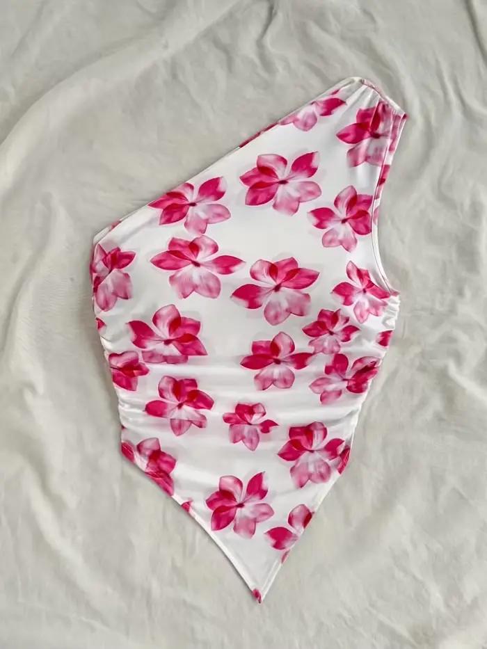 Haut court pour femme, haut court élégant à une épaule, débardeur imprimé floral, design asymétrique