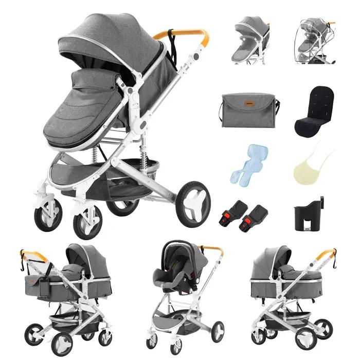 Poussette 3-en-1 pour bébé, compacte, tout-terrain, haute position, 4 roues, capacité 0-36 kg, pliab