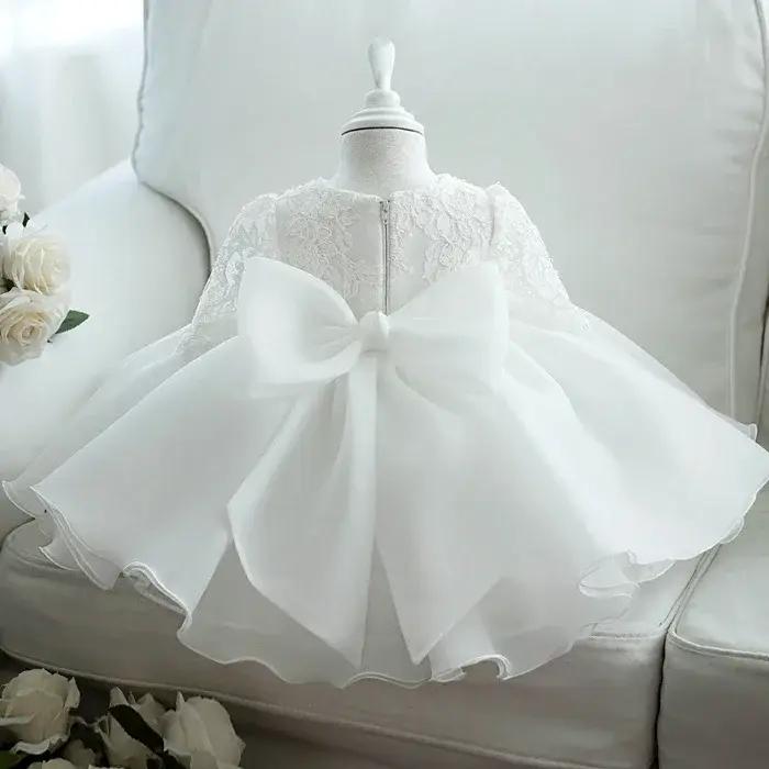 Robe blanche à sequins pour bébé fille, vêtements à manches longues, robe de baptême pour nouveau-né