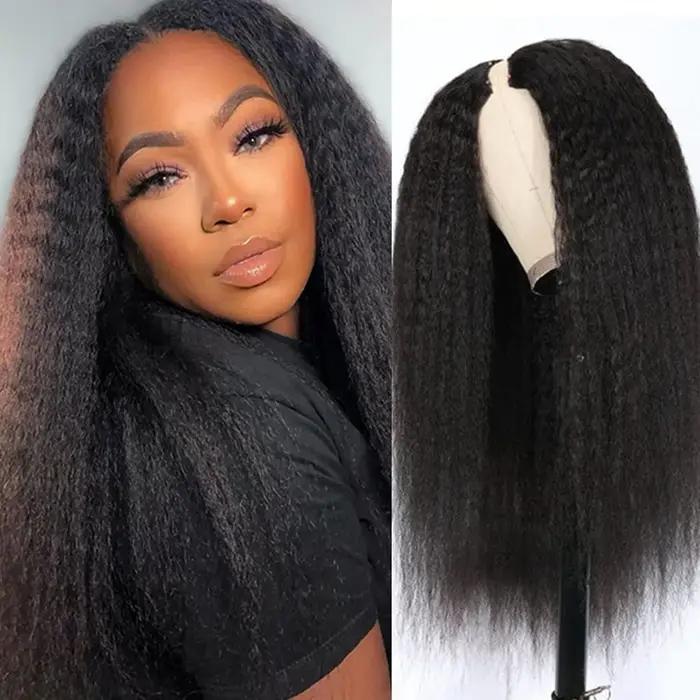 Perruque naturelle crépue lisse avec raie en V, cheveux humains, densité 220%, 32 40 pouces, demi-pe