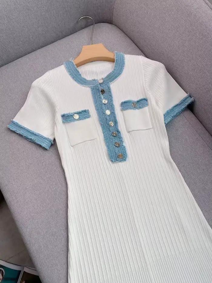 Robe longue élégante en maille contrastante pour femme, chic, col rond, manches courtes, boutons mét