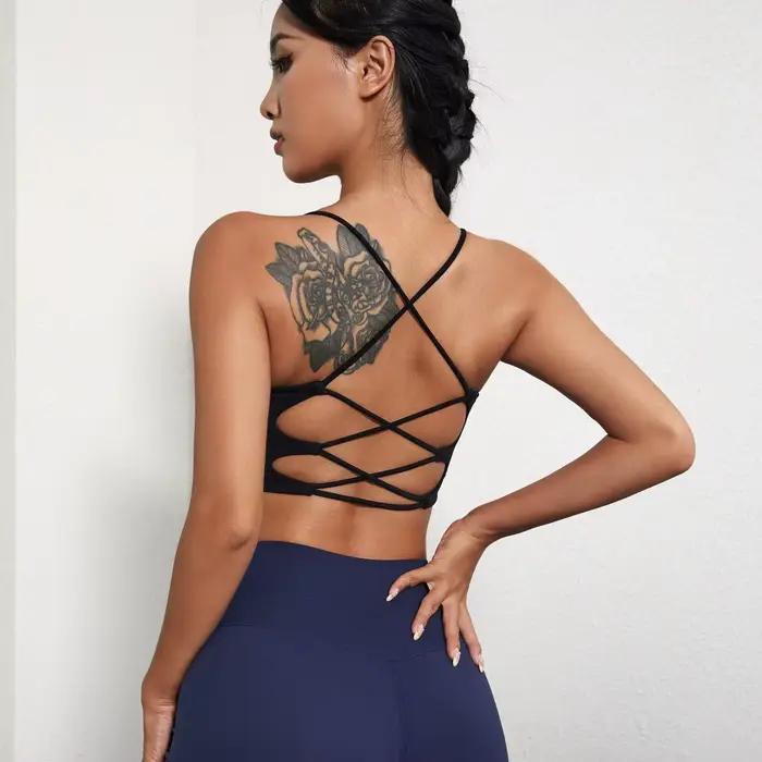 Soutien-gorge de Sport Sexy pour femmes, couleur unie, serré, Yoga, haut de Sport avec coussinet de